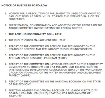 ALARM AS UGANDA S ANTI GAY BILL PLACED ON PARLIAMENT AGENDA