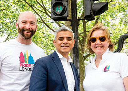 Mayor Sadiq Khan (centre) with Pride's Michael Salter-Church and Alison Camps