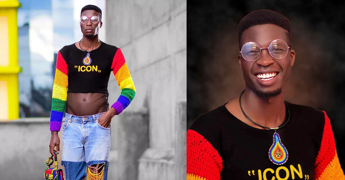 Two photos of Kenyan activist, model, and fashion designer Edwin Chiloba in rainbow coloured clothing