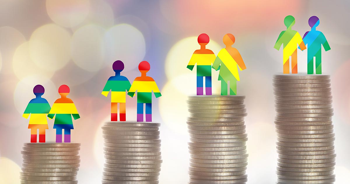 An image of diverse rainbow cutout figures standing on piles of coins, representing South Africa’s LGBTI market