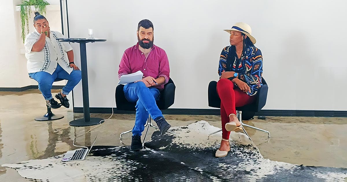 Steph Niaupari and Jack Harrison-Quintana from Grindr for Equality with PFSAQ founder Virginia Magwaza met victims in Johannesburg to discuss the Grindr gang attacks