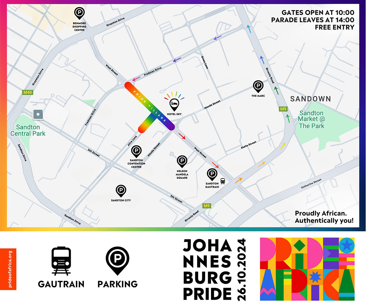 A map of the location and parade route for Johannesburg Pride 2024