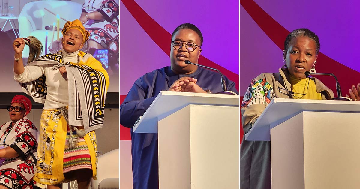 A montage of three images: Indigenous leaders bless the ILGA World Conference, and keynote speakers: Deputy Minister Mmapaseka Steve Letsike and Reverend Mpho Tutu van Furth