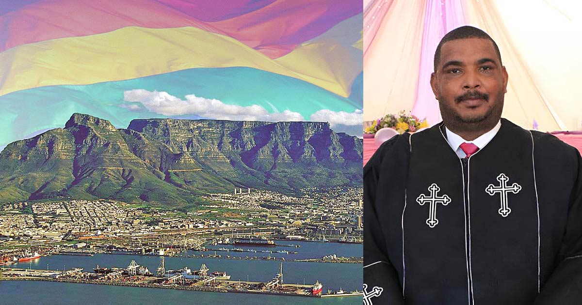 A montage of the Cape Town skyline with a rainbow background along with an image of Oscar Bougardt in church who is opposed to Cape Town hosting WorldPride