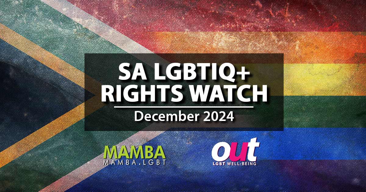 An image illustrating LGBTIQ+ rights in South Africa, using a graphic of the South African flag combined with the rainbow flag